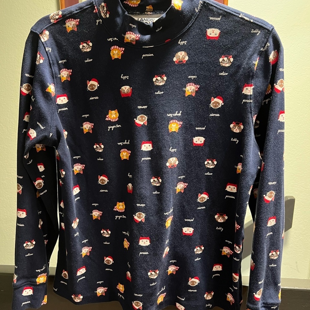 Lands' End Navy Shirt with Fun Cat Print #151